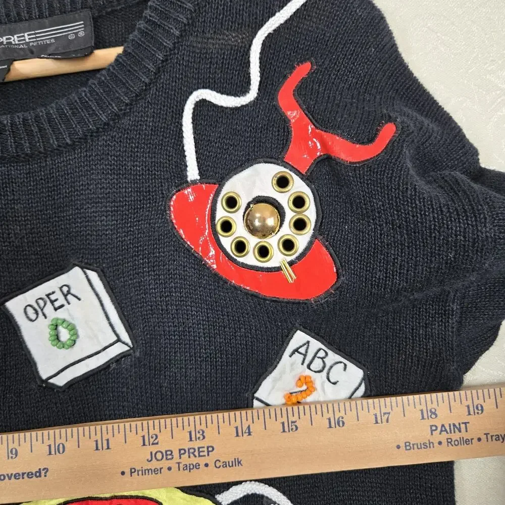 Vintage 90s Novelty Telephone Sweater M Black Graphic Knit Art Teacher